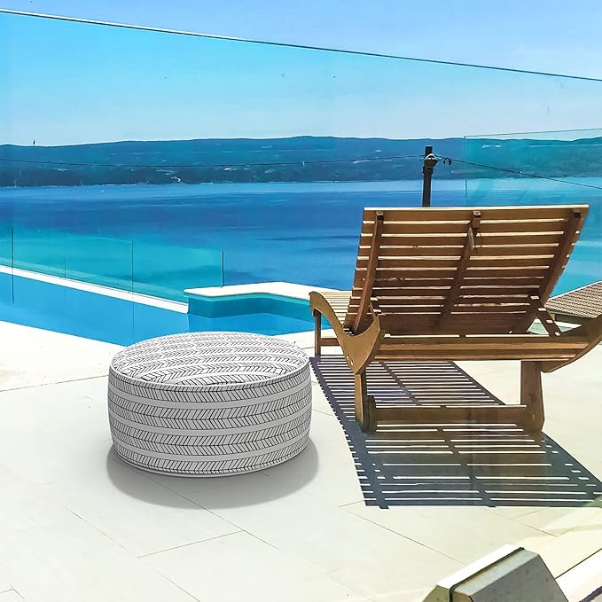 LVTXIII Outdoor/Indoor Inflatable Ottoman, Patio Footrest Stool, Portable Round Ottoman for Patio Garden, Camping or Home, Herringbone Black White