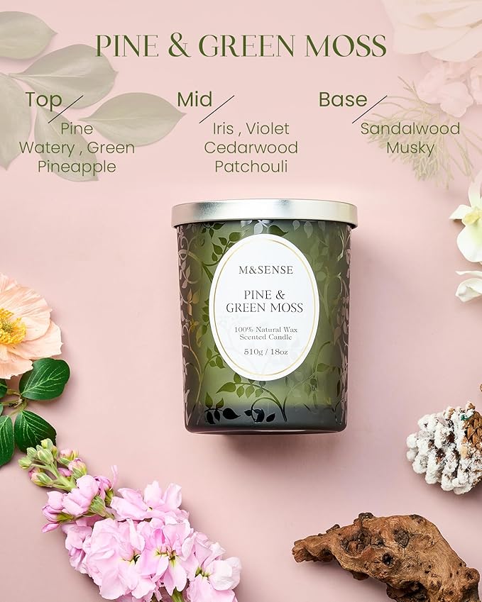 M&SENSE Pine & Moss Scented Candles, Natural Soy Wax 18oz 100 Hours Long Lasting Slow Burn, Cracking Wooden Wick Aromatherapy Candle for Women, Winter Holiday Christmas Gifts