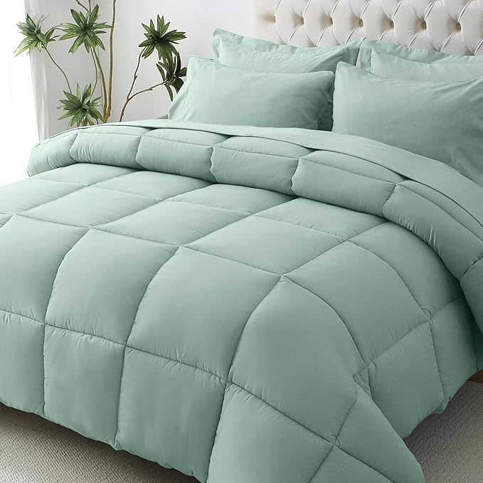 JOLLYVOGUE Full Comforter Set, Ultra-Soft Bed in a Bag Full Size 7 Pieces, Oeko-TEX Certified Bedding Set with Down Alternative Comforter, Sheets, Pillowcases & Shams, Sage Green