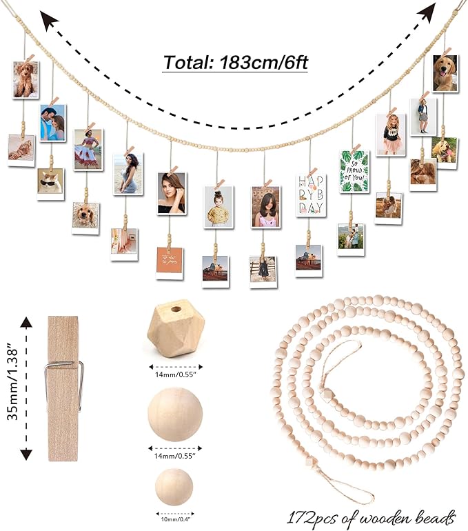 6 Feet Wooden Beads Garland with Clothespins Picture Cards Holder - Country Farmhouse Christmas Nursery Boho Holiday Decorations with Clips