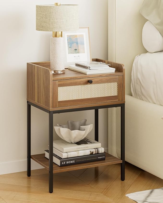 Masupu Rattan Nightstand,3-Tier Modern Bedside Night Stand with Storage Drawer and Shelf,Small End Side Table for Bedroom,Living Room,Walnut Brown (Without Outlet, Brown)