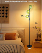 Lightdot Dimmable Floor Lamp for Living Room with 3 Green Glass Globe Shade, Black Pole Standing Lamps with 3000K G9 Bulbs, Mid Century Modern Floor Lamp for Living Room Bedroom Home Office