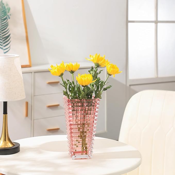 MCMCNCUIU Crystal Vase, Large Crystal Vases for Flowers, Pink Large Flower Vase, Modern Glass Vases for Living Room, Bedroom, Kitchen, Dining Table, Mantle, Wedding, 9 Inches