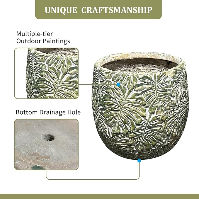 Craft flowerpots 18"+13"+19" Dia Round Concrete Planter Set of 3 Large Outdoor/Indoor Planter Pots Containers with Drainage Holes and Rubber Plug for Home Garden (Green, Large)