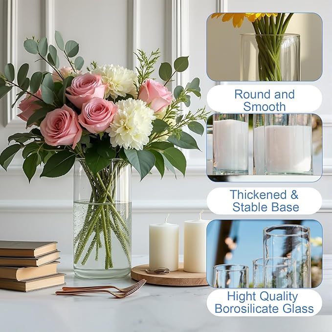 4 Pack Glass Cylinder Vases, 4,6,8,10 Inch Tall Clear Flowers Vases for Centerpieces, Floating Candles Vase,Hurricane Glass Candle Holders Vase for Wedding Home Tables Decor