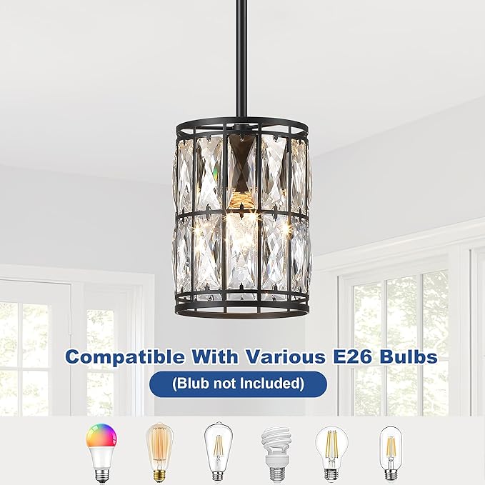 Modern Crystal Pendant Light Fixture 2-Pack Matte Black Finish Hanging Lighting Crystal Chandelier for Living Room, Kitchen