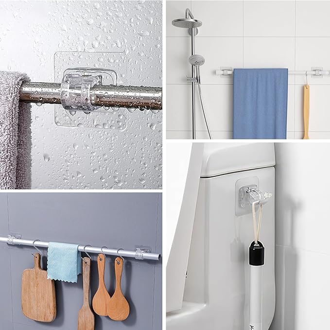 12PCS Self Adhesive Curtain Rod Holder, No Drill Curtain Rod Brackets, Nail Free Adjustable Curtain Rod Hooks, Curtain Rods No Drilling for Windows Home Kitchen Bedroom Hotel (Transparent)