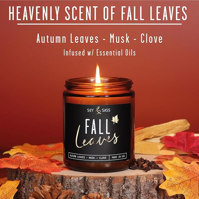 Fall Candles - 'Fall Leaves' Fall Candle w/Autumn Leaves, Clove & Musk I Infused with Essential Oils I Autumn Scented Candles I Cozy Cute Autmn Décor Gifts I 9oz Jar I 50Hr Burn I Made in USA