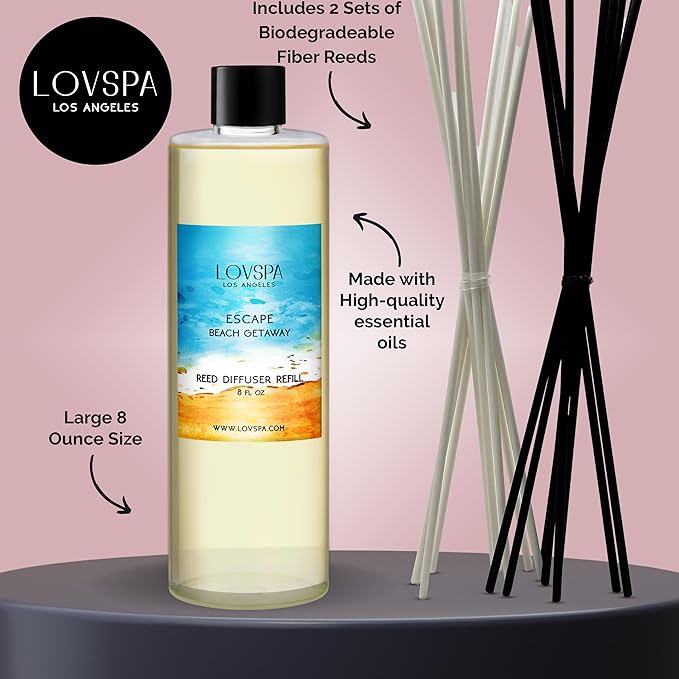 LOVSPA Escape Beach Getaway Diffuser Oil - Essential Oils for Diffuser Refill & Air Freshener Room Spray - Long-Lasting & Natural Home Fragrance, Scented Oil for Diffusers, USA Made, 8 oz