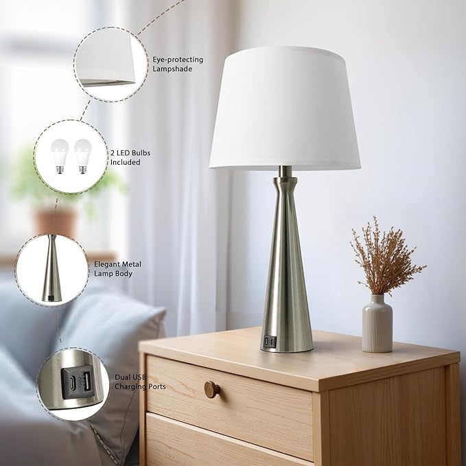 Seealle Modern Table Lamps Set of 2 - Touch Bedside Lamp for Nightstand with USB C+A,3-Way Dimmable Silver Nightstand Lamps for Living Room Bedroom End Table with White Shade(Bulb Included)