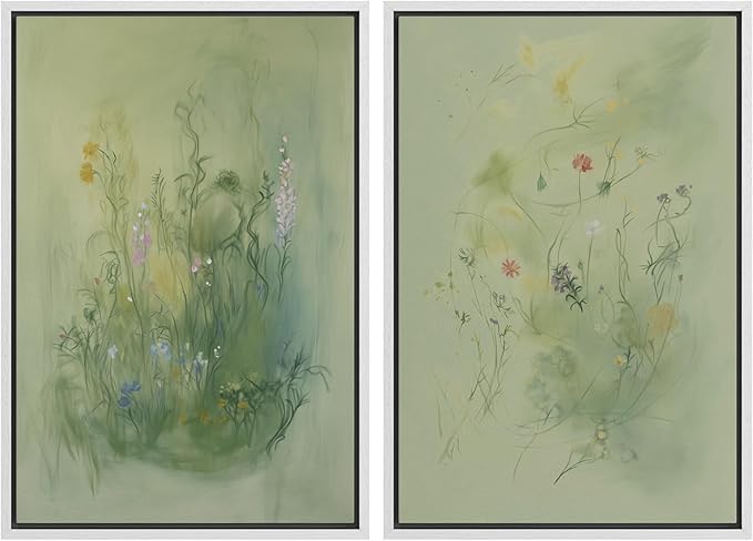 SIGNFORD Framed Canvas Print Wall Art Set Whimsical Green Wildflower Illustration Modern Art Decorative Nordic Nature for Living Room, Bedroom, Office - 16"x24"x2 White