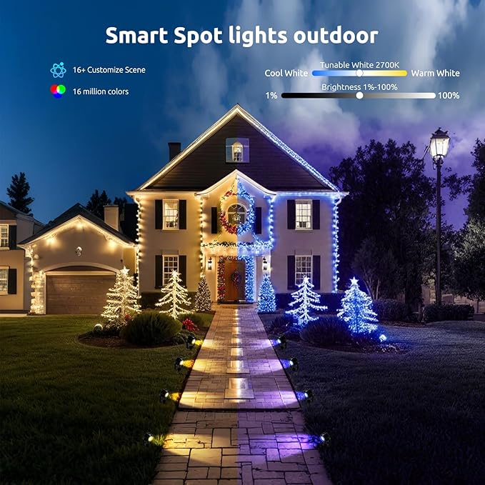 Smart RGBW Spot Lights Outdoor, 8 Pack Low Voltage Landscape Lighting with APP & Remote Control, Waterproof and Timing, Color Changing Outdoor spot Lights for Yard Halloween Christmas Decorations
