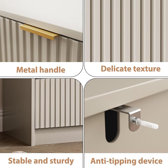 Fluted Dresser for Bedroom, 32 Inch Wide Nightstand with Large Drawer, 3 Drawer End Table for Bedroom, Living Rooms, Offices, and Entryways, Beige