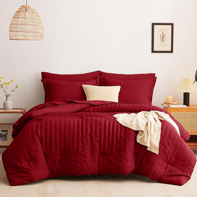 CozyLux Queen Comforter Set Dark Red Seersucker 7 Pieces Bed in a Bag Queen Comforter Set with Sheets, Luxury Soft Bedding Set with Down Alternative Comforter, Sheets, Pillowcases & Shams All Seasons