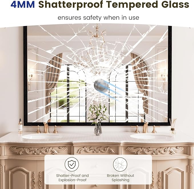 WEER Black Framed Mirror for Bathroom, 40x30 Inch Framed Bathroom Mirror, Rectangular Wall Mounted Mirror, Matte Black Vanity Mirrors, Tempered Glass, Vertically or Horizontally, Anti-Rust