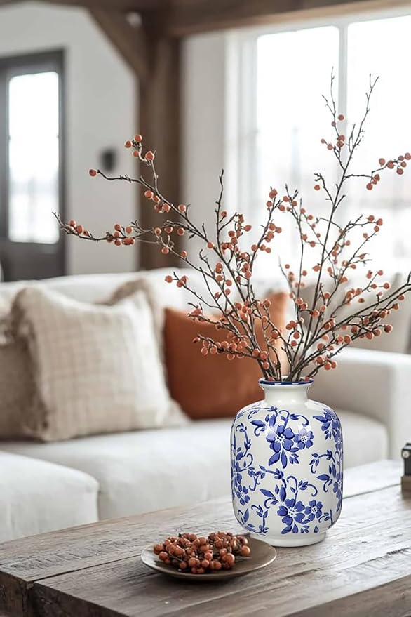 Hollyone Blue and White Porcelain Vase Large Chinoiserie Floral Vintage Tall Blue Ceramic Vases for Home Mantle Shelf Living Room Table Centerpieces Decor, 7.3 Inch