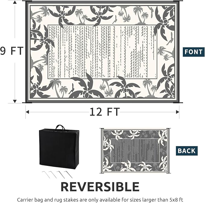 COCOER Outdoor-Rug 9x12 ft Waterproof Outdoor Plastic Straw Rug Reversible RV Indoor Outdoor Carpet Quick Dry Patio Rug Camping Mat for Balcony Backyard Picnic Beach-Grey&Beige