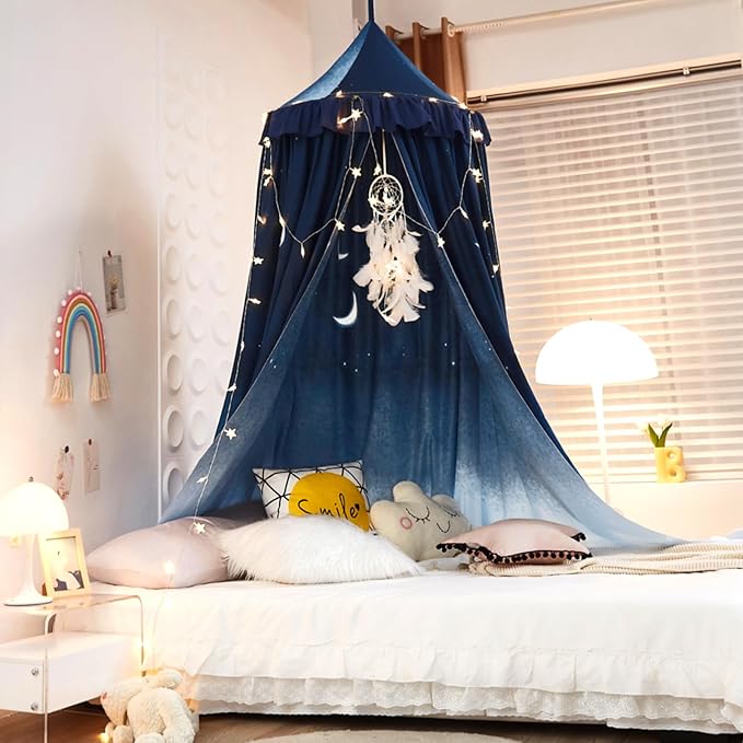 Kertnic Decor Canopy for Kids Bed, Soft Smooth Playing Tent Canopy Girls Room Decoration Princess Castle, Dreamy Mosquito Net Bedding, Children Reading Nook Canopies in Home (Night Sky-Ruffle)