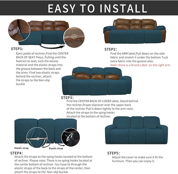 Easy-Going 8 Pieces Recliner Sofa Stretch Sofa Slipcover Sofa Cover Furniture Protector Couch Soft with Elastic Bottom Kids, Spandex Jacquard Fabric Small Checks Deep Teal