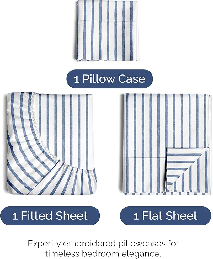 Twin XL Size 3 Piece Sheet Set - Comfy Breathable & Cooling Bed Sheets Set - Hotel Luxury Bedding for Women, Men, Kids, Teens, Boys & Girls - Deep Pockets and Wrinkle Free - Oeko-Tex - Blue Stripes 2