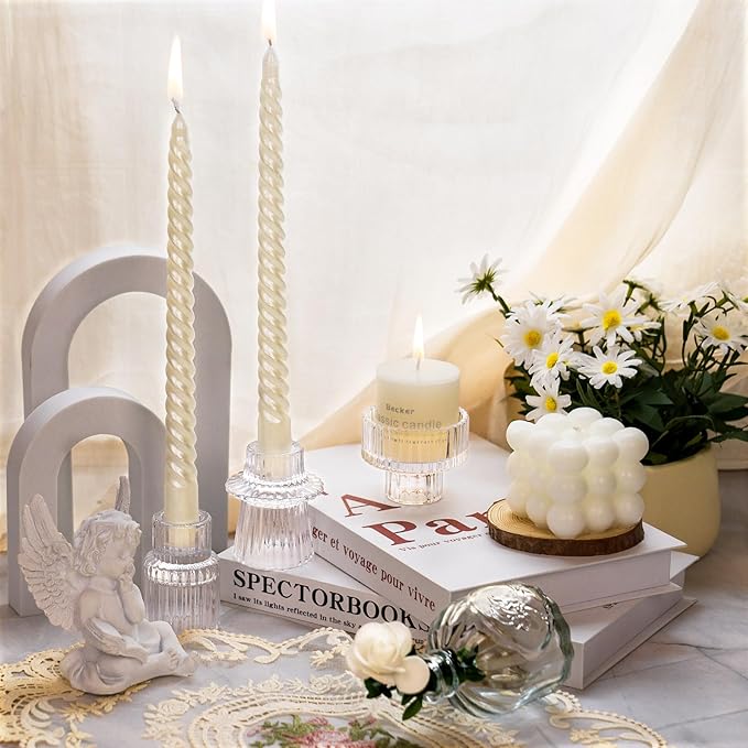 Candlestick Holders Set of 3, Ribbed Glass Taper Candle Holders, Reversible Clear Tealight & Candle Stick Candle Holder Vintage Crystal Tealight Candle Holder for Wedding Dinner Party