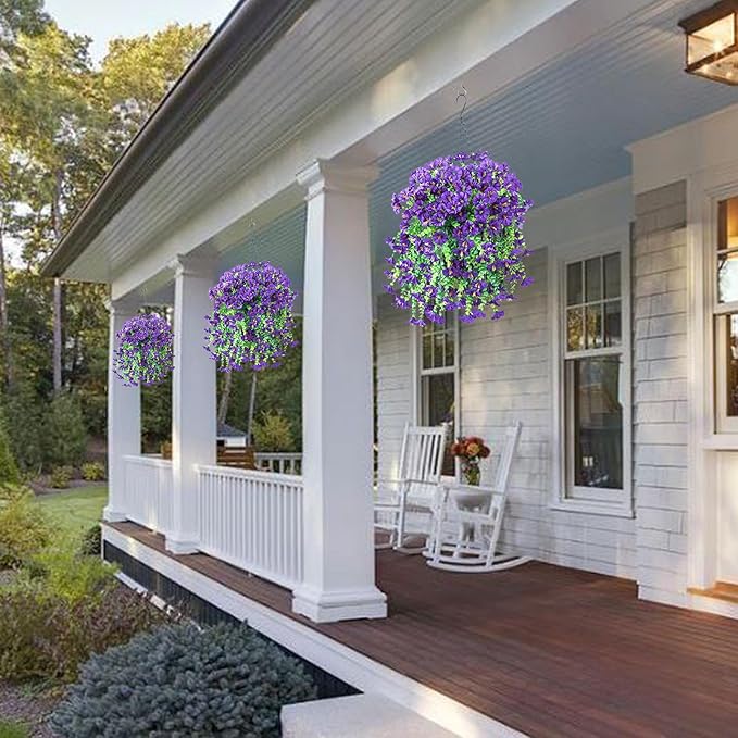 Ivydale 2 PCS Artificial Hanging Flowers Fake Plants Outdoor,Silk Morning Glory Faux Flowers with Eucalyptus Leaves,UV Resistant Realistic Hanging Petunias Plants for Home Garden Decor (Purple)