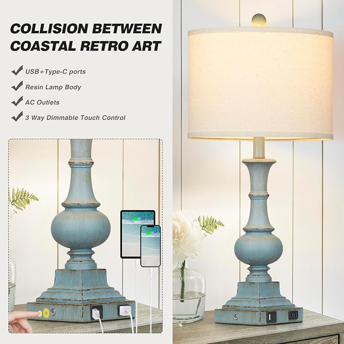 Farmhouse Table Lamps Set of 2, Rustic Touch Control Bedside Lamps with 2 USB Ports & AC Outlet, Vintage Resin 3-Way Dimmable Nightstand Lamp Linen Fabric Shade for Living Room Bedroom Decor Blue