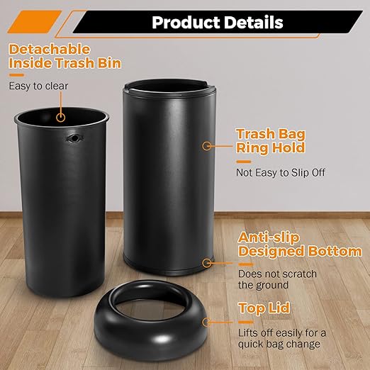 BEAMNOVA Commercial Trash Can 16.5 Gallon Open Top Outdoor Indoor Garbage Enclosure Inner with Lid Inside Barrel 14.6 * 32.7 inch Stainless Steel Industrial Waste Container