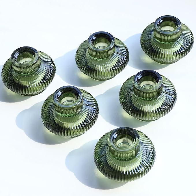 VOHO Green Candle Holder Decor for Dining Table Centerpiece, Ribbed Taper Candle Holders Versatile for Candle Sticks and Tea Lights Candles, Holiday Candlestick Holders Gifts for Friends(Set of 6)