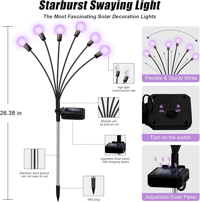 Solar Garden Lights Outdoor, Waterproof Solar Powered Lights for Yard Pathway Patio, Swaying Lawn Decor as Gardening Gifts for Women Holiday (Purple, 2 Pack)