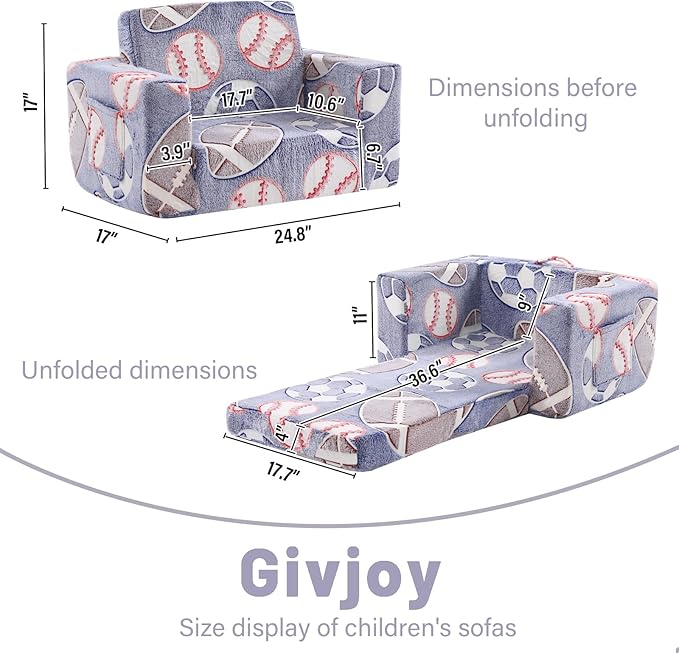 Toddler Chair Kids Couch, 2-in-1 Toddler Soft Sherpa Couch Fold Out Armchair Glow in The Dark with Removable Cover, Convertible Reading Chair Toddler Sofa for Kids, Football