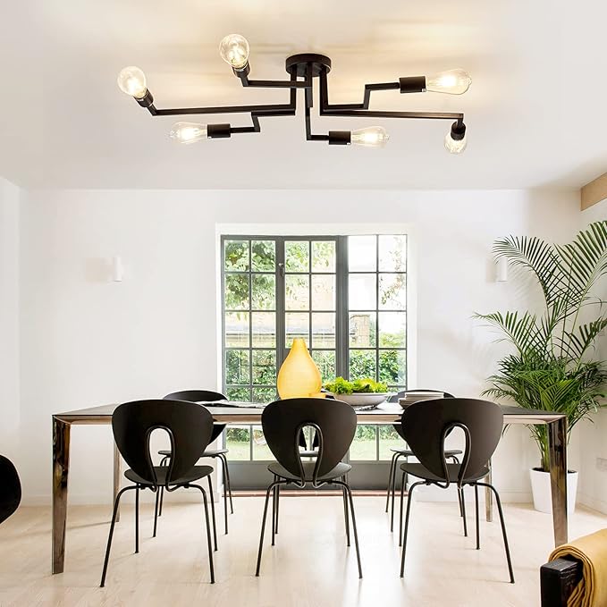 ZGLAOJT 6- Lights Ceiling Light Fixture，Vintage Semi Flush Mount Ceiling Light，Black Chandelier for Dining Room Living Room Kitchen Farmhouse.