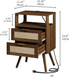 Rattan Nightstand with Charging Station,Farmhouse Bedside Table with 2 Storage Drawer and Open Wood Shelf, for Bedroom and Small Spaces,Night Stand with Solid Wood Legs (Walnut Brown-Outlet)