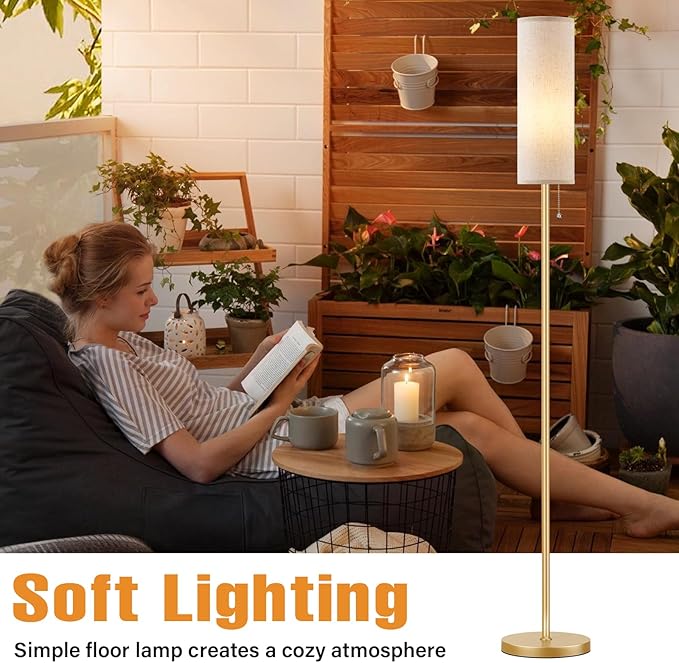 Ambimall Floor Lamp for Living Room with 3 Color Temperatures Bulb, 64" Standing lamp with Linen lampshade for Bedroom, Minimalist Pole Lamp, Beige Shade & Gold Pole