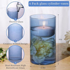 Glass Cylinder Vases, Bud Vase for Wedding Centerpieces, 6 Inch Tall Ribbed Vase Hurricane Floating Candle Holder, Decorative Flower Vases for Wedding Reception, Home Decor, Housewarming Gift (Blue)