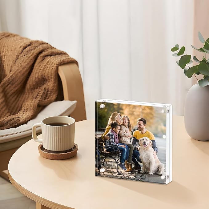 Acrylic Picture Frame 8x8, Clear Double Sided Frameless Photo Frame with Magnetic, Free Standing Desktop Acrylic Frame Display, Lucite Frame with Gift Box Package, 12+12mm Thickness - 1 Pack
