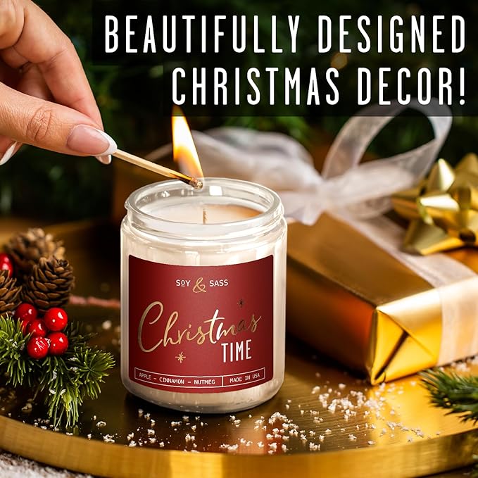 Christmas Candles Scented - 'Christmas Time' Soy Christmas Candle, w/Apple, Cinnamon, Clove - Infused with Essential Oils I Holiday Candles I 9oz, 50Hr, Made in USA