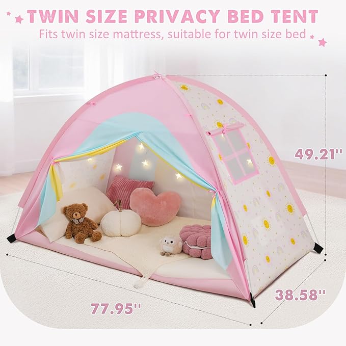 Twin Bed Tent for Kids, Twin Size Bed Canopy with Star Lights, Privacy Space Blackout Sleeping Tents, Indoor Breathable Portable Bunk Bed Tent for Girls, Rainbow