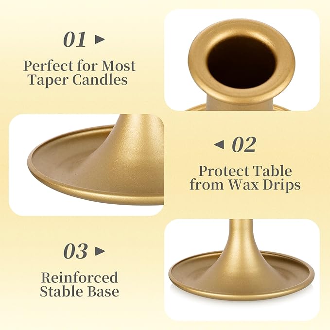 Gold Taper Candle Holder Set of 12, Hewory Short Skinny Brass Candlestick Holders, Vintage Small Low Metal Candles Sticks for Wedding Centerpieces Christmas Birthday Party Holiday Dinning Table Decor