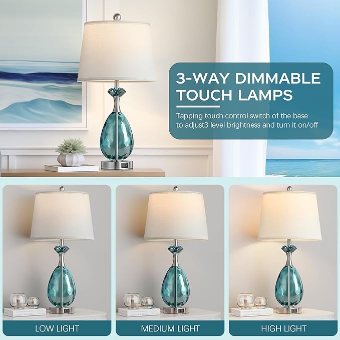 Coastal Glass Table Lamps Set of 2, 3-Way Dimmable Touch Control Nautical Lamp with USB A+C Ports,Bedside Lamp Beach Decor,Nightstand Lamp with White Shade for Living Room Bedroom(LED Bulbs Included)