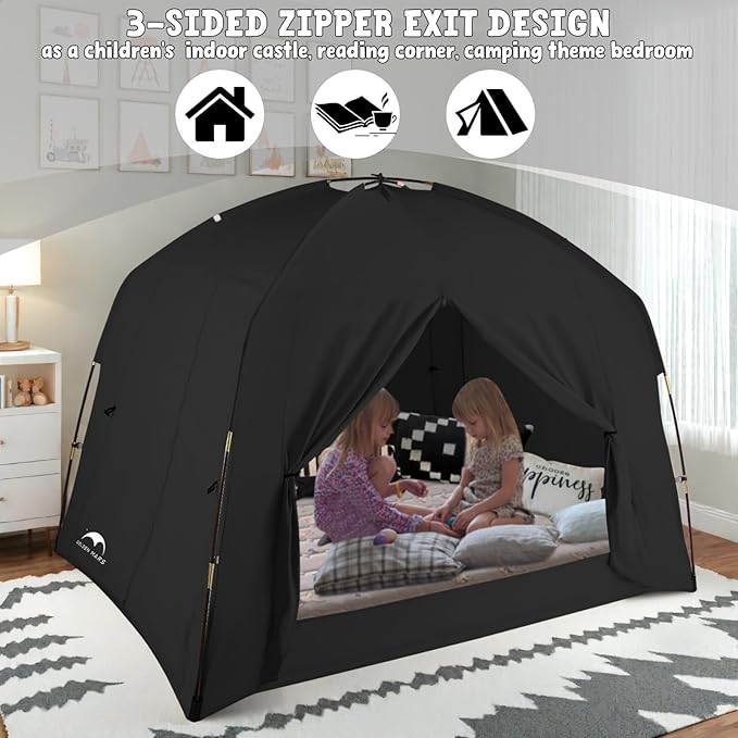Bed Tents for Kids and Adult, Portable 100% Breathable and 93% Blackout Toddler Dream Play Tent, 3 Doors Big Privacy Space Sleeping Canopy for Floor or Twin Full Queen Sizes Bed (Black, Queen-Size)