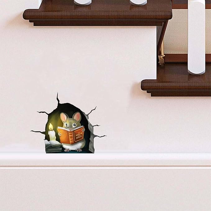 3D Mouse Reading Book in Mouse Hole, Decal Sticker, Removable Wall Decor, Book Lover Gift Idea, Baseboard, Wall Sticker Decal, Kids Room, Classroom, Library