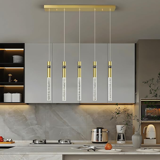 5 Light Pendant Lighting Dining Room Light Fixture Dimmable LED Modern Gold Pendant Light with Bubble Crystal Pendant Lights Kitchen Island
