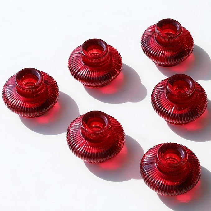 VOHO Vintage Red Candlestick Holders for Christmas Decorations, 6pcs Stackable Candle Stick Candle Holder for Valentines Day Decoration, Ribbed Taper Candle Holders for Candlesticks & Tea Lights