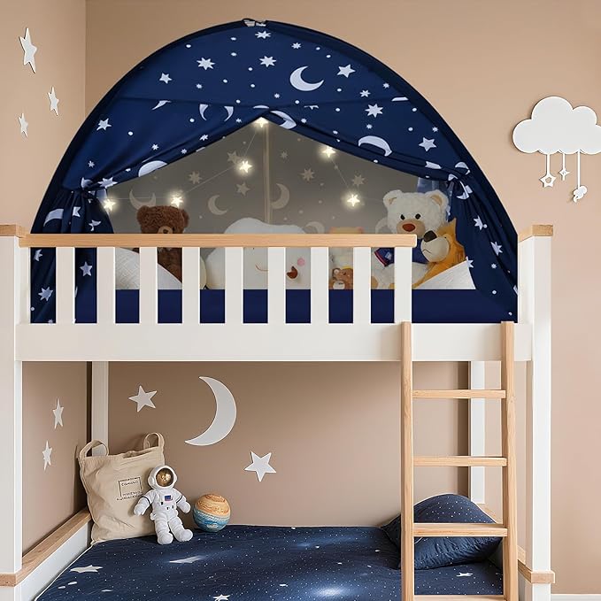Twin Bed Tent for Kids, Twin Size Bed Canopy with Star Lights, Privacy Space Blackout Sleeping Tents, Indoor Breathable Portable Floor Bed Tent for Boys and Girls, Dark Moon & Stars