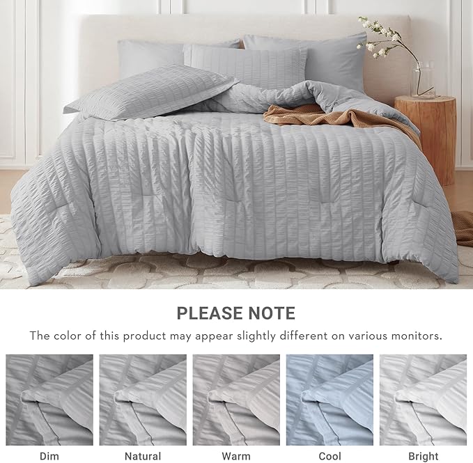 MUXHOMO 7 Pieces Queen Comforter Set, Seersucker Bed in a Bag Queen Size, All Season Luxury Bedding Set with Comforter, Flat Sheet, Fitted Sheet, Pillowcases & Shams, Light Grey
