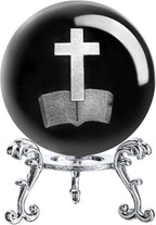 ZEERSHEE 3D Laser Engraved Cross Bible Crystal Ball with Stand Religious Christian Collectible Decoration for Home Office