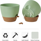 FaithLand 3-Pack Planter Pots, 10 9 8 Inch Self Watering Flower Pots for Indoor Outdoor Garden Plants, Green with Brown