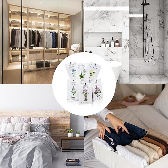 MYARO 12 Pcs Scented Sachets for Drawer and Closet, Long-Lasting Sachets Bags Air Freshener, Potpourri Bags 6 Fresh Scents - Lavender, Linen, Lilac, Eucalyptus Mint, Lemon Verbena, White Champaca