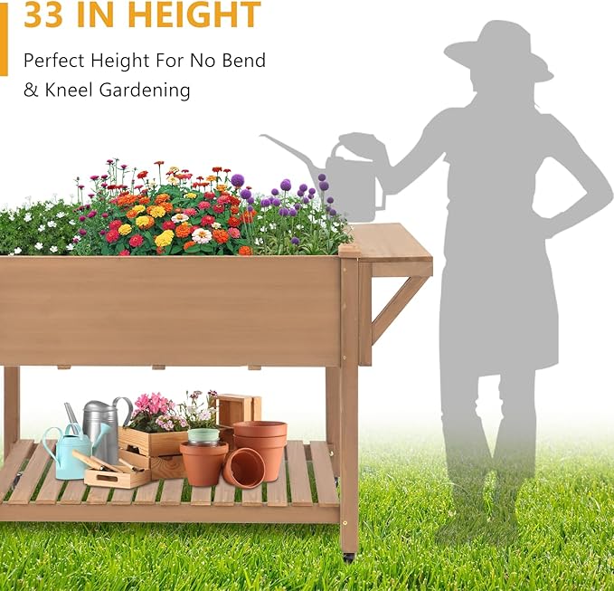 Raised Garden Bed with Lockable Wheels Mobile Elevated Wood Planter,Storage Shelf, Protective Liner,55.5x24x32in (Brown)